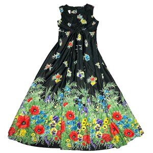 Vintage 70s Maxi Dress Black Floral Empire Waist Sleeveless‎ Colorful